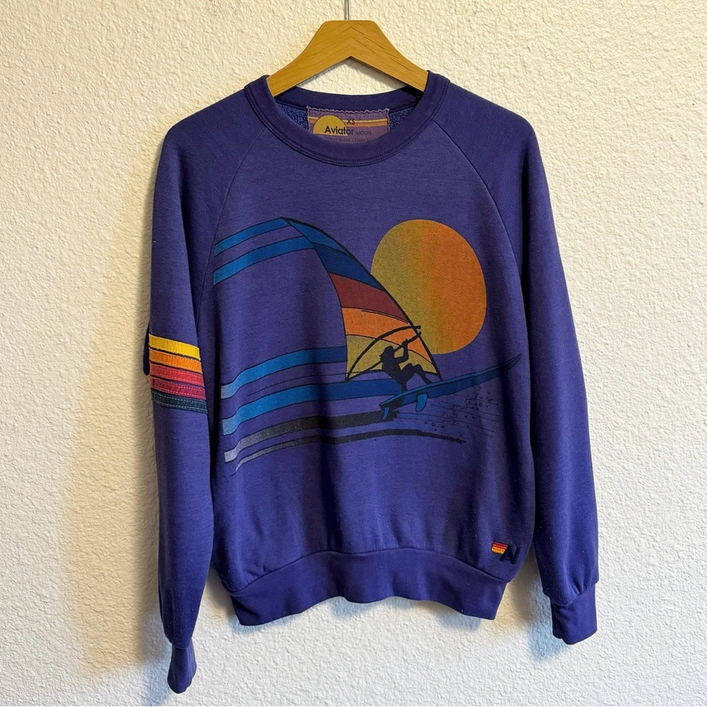 RARE Aviator Nation Rainbow Stripe Windsurfing Crewneck Sweatshirt Purple XS